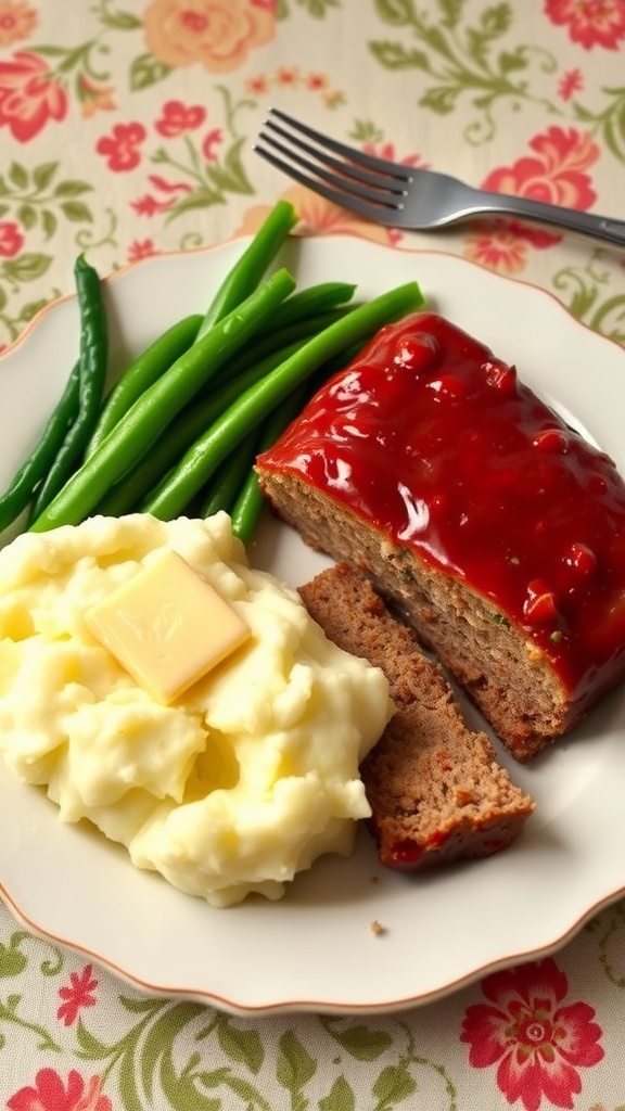A plate of classic 1950s meatloaf with mashed potatoes and green beans.